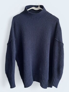 Aerie Oversized Navy Blue Shaker Knit Mock Neck Sweater Size XS